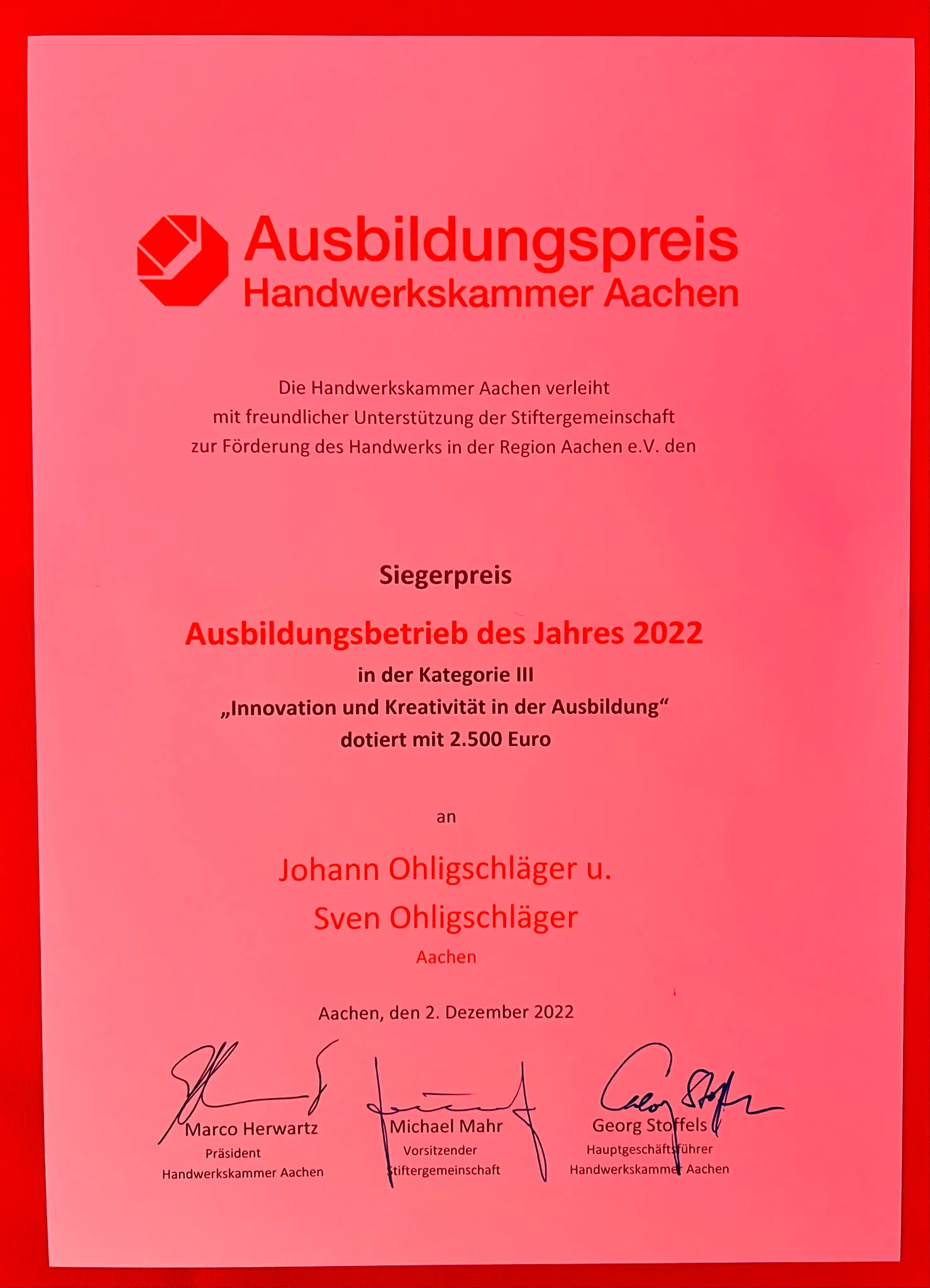 Urkunde: Ausbildungsbetrieb des Jahres 2022, Kategorie Innovation und Kreativität