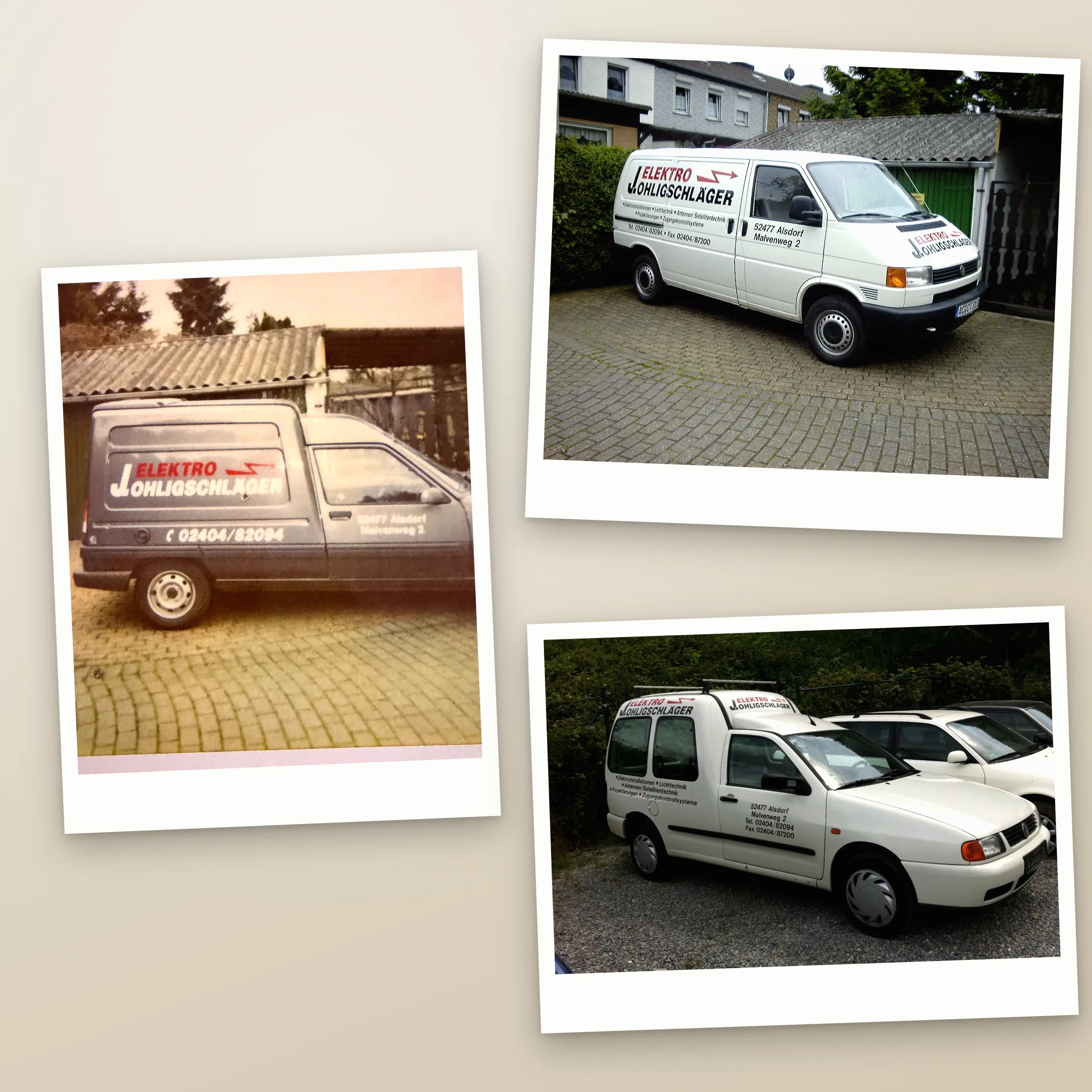 Polaroid-Collage der ersten drei Firmenfahrzeuge von Elektro Ohligschläger mit dem roten Schriftzug aus der Anfangszeit