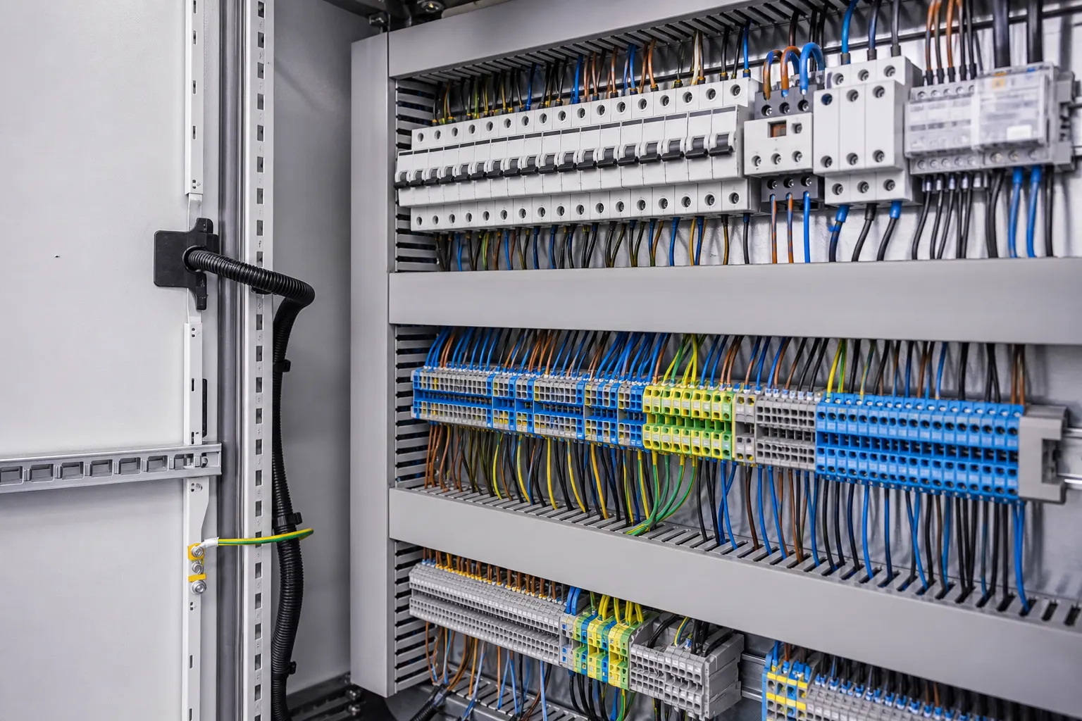Offener Industrie-Schaltschrank mit sortierten Reihenklemmen und Kabeln