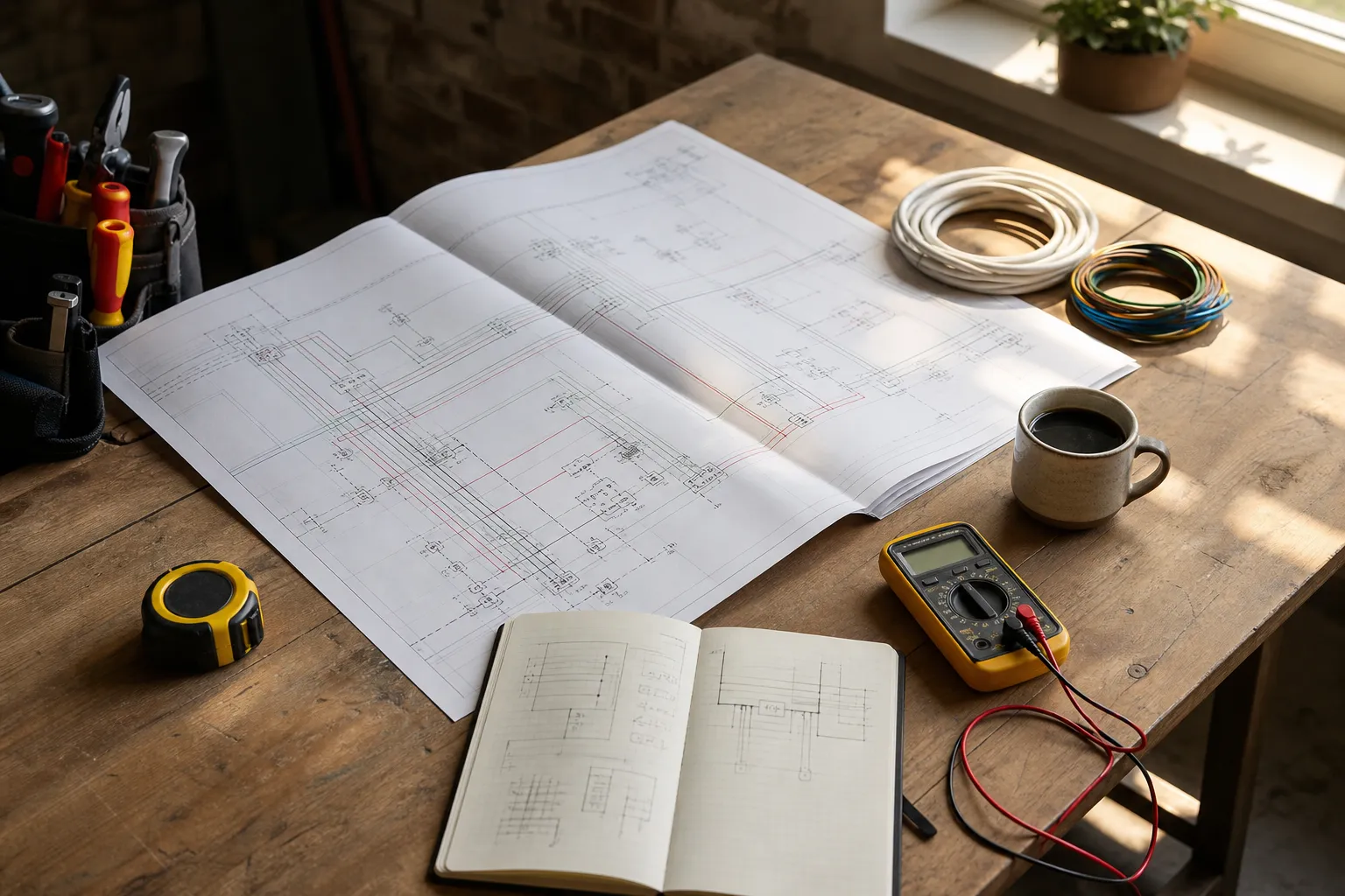 Arbeitstisch mit Elektroplan, Notizbuch und Multimeter – Projektbesprechung im Betrieb
