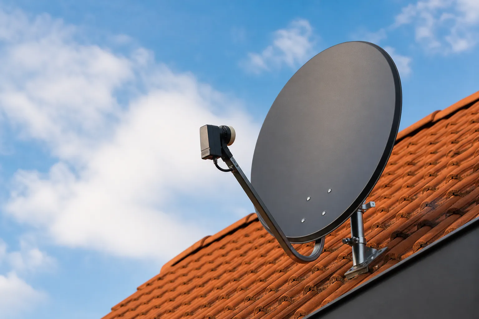 Satellitenschüssel auf einem Wohnhaus vor blauem Himmel