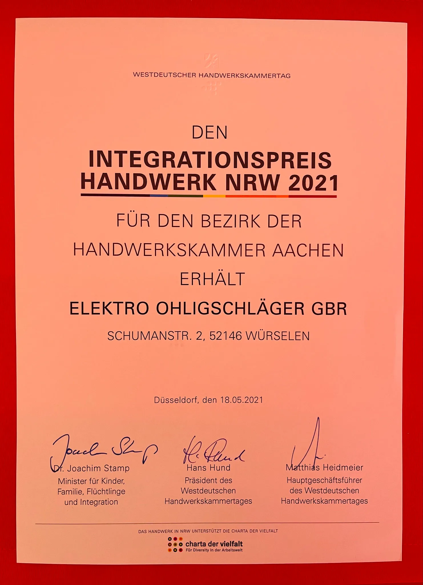 Übergabe des Integrationspreises des Handwerks 2021
